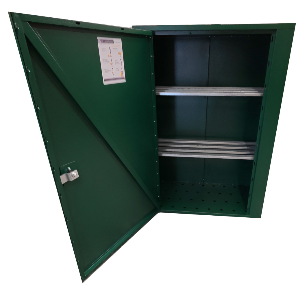 a green metal box with a door open